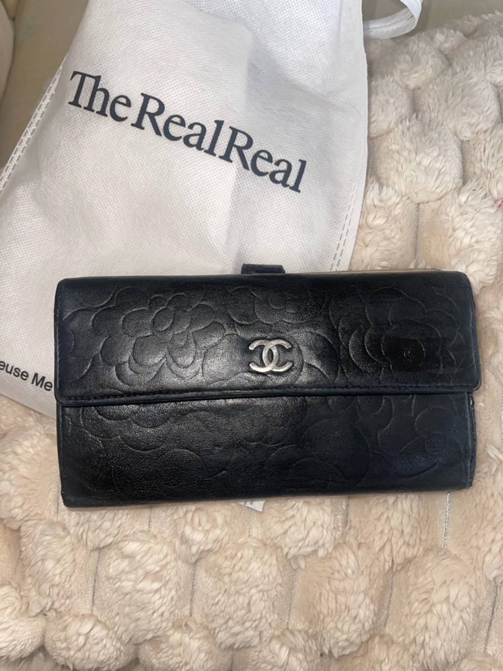 CHANEL Black Camellia Embossed Leather Flap Wallet with Silver CC